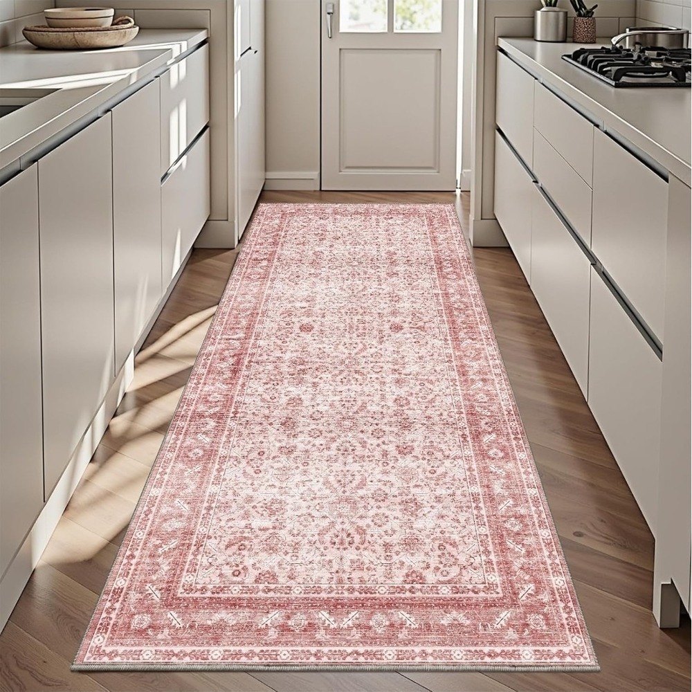 OPPODREAM Vintage Style Pink 3x6 Runner Rug, 3 x 6 Retro Washable Rug Non Slip